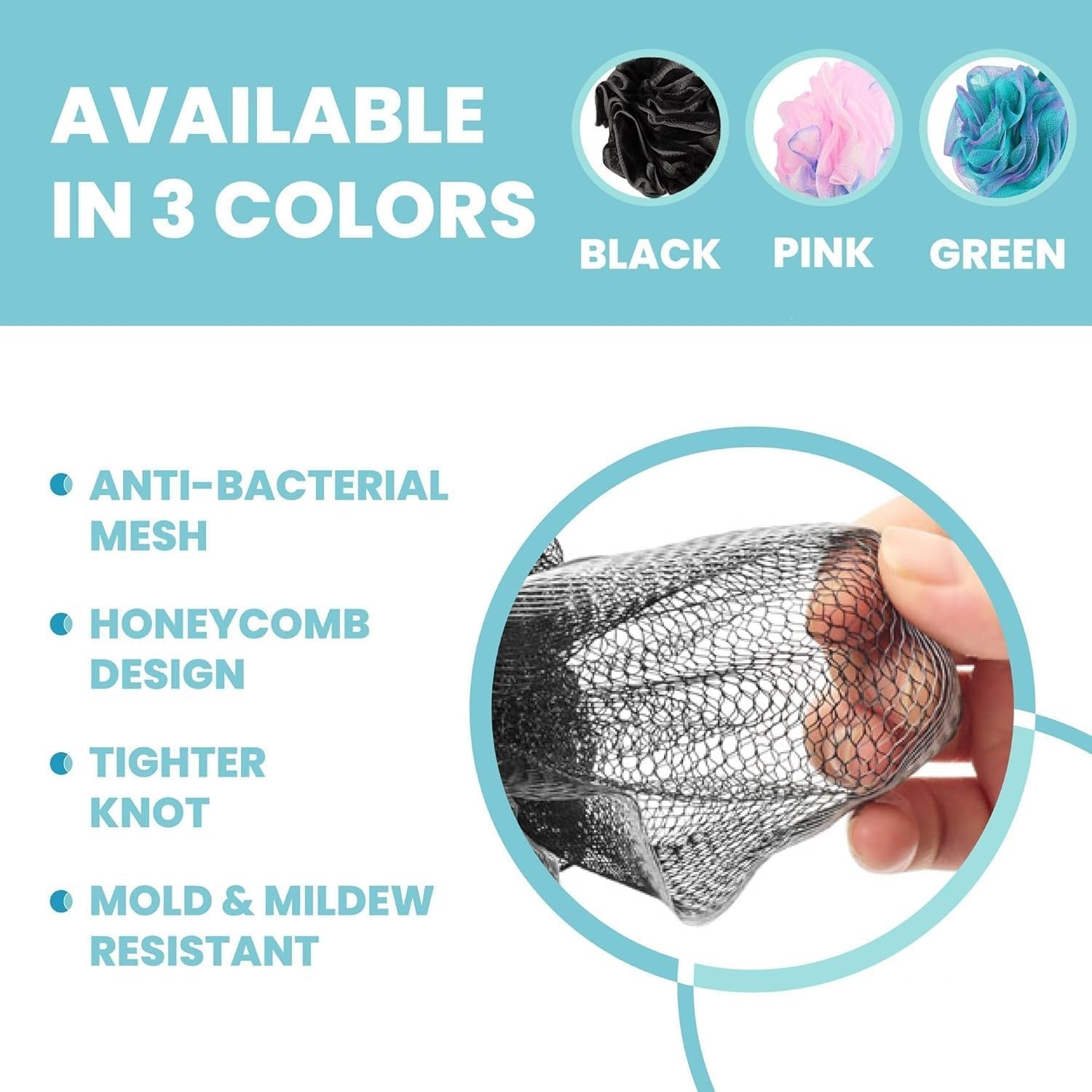 Bamboo Charcoal Infused Back Scrubber - Loofah with Handle | Exfoliating Shower Loofah for Men & Women - Features 1 Loofah on a Stick, 1 Loofa Pouf (Black, One Size) image number 2