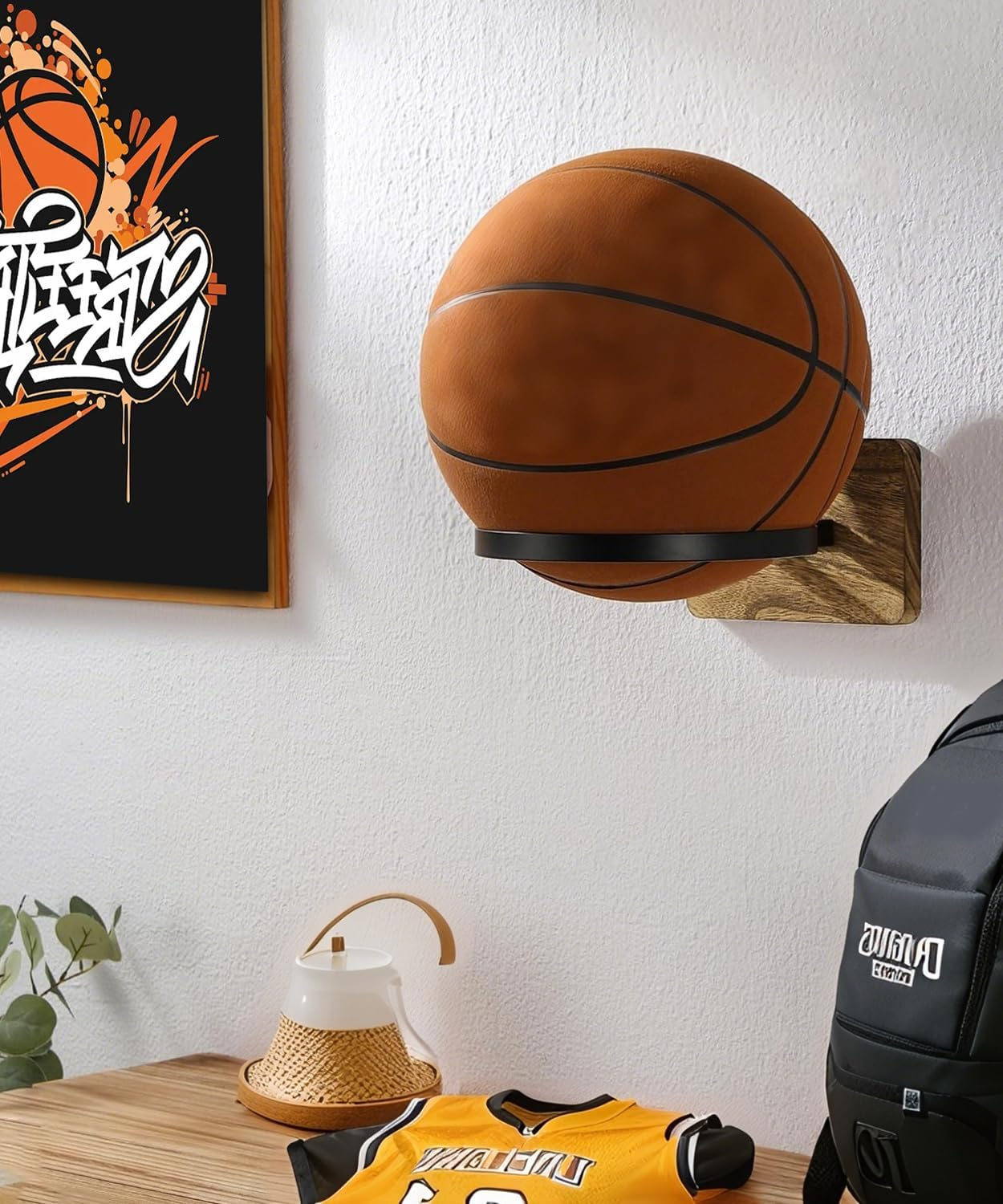 4 Pack Wall Mount Basketball Holder with Wood Base &ndash; Ball Display Rack for Basketball, Football, Soccer, Volleyball &ndash; Sports Ball Storage Organizer for Athletes & Fans