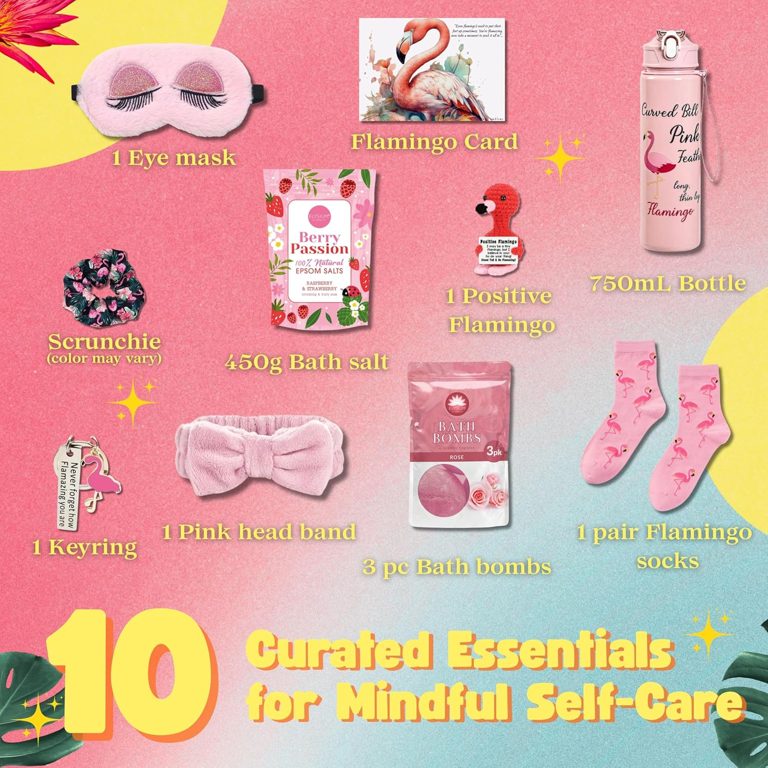Infinite Emblems Flamingo Gifts Set for Women with Positive Crochet Flamingo, Keyring, Water Bottle, Socks, Bath Bomb, Bath Salt, Sleep Eye Mask, Scrunchies, Pink Headband and Affirmation Card image number 1