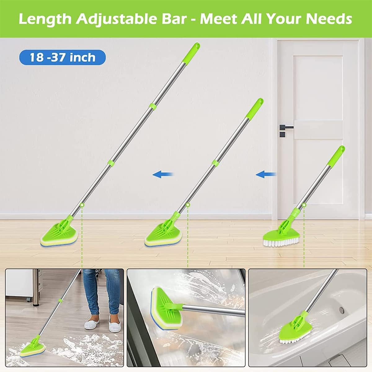 Shower Cleaning Brush, 3 in 1 Scrub Cleaning Brush with Extendable Long Handle Rotatable Cleaning Mop Tub Tile Scrubber Brush with 1 Stiff Bristles and 1 Sponge Brush Head for Bathroom Tub Shower image number 2