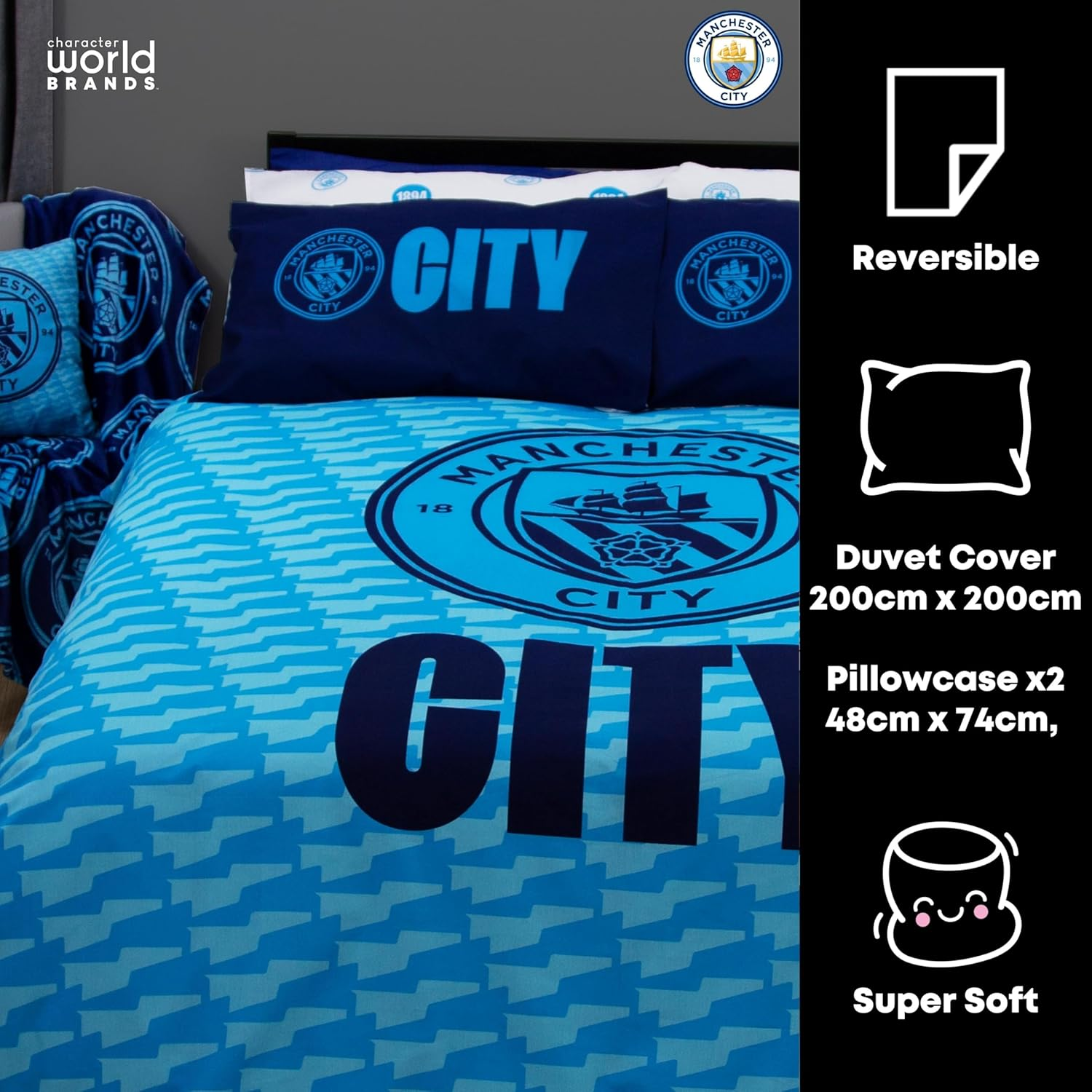 Manchester City FC Character World Official Double Duvet Cover Set, Crestcol Design | Blue Reversible 2 Sided Football Bedding Cover Official Merchandise Including Matching Pillow Cases image number 6