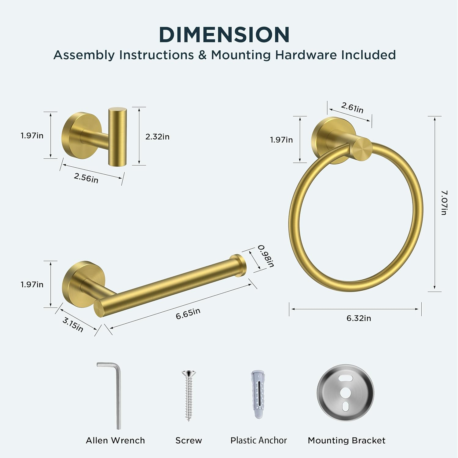 FORIOUS Toilet Roll Holder Set 4 Piece, SUS304 Stainless Steel Wall Mounted, Bathroom Hardware Set with Hand Towel Ring and TP Holder and Towel Hooks, Gold - Gold image number 4