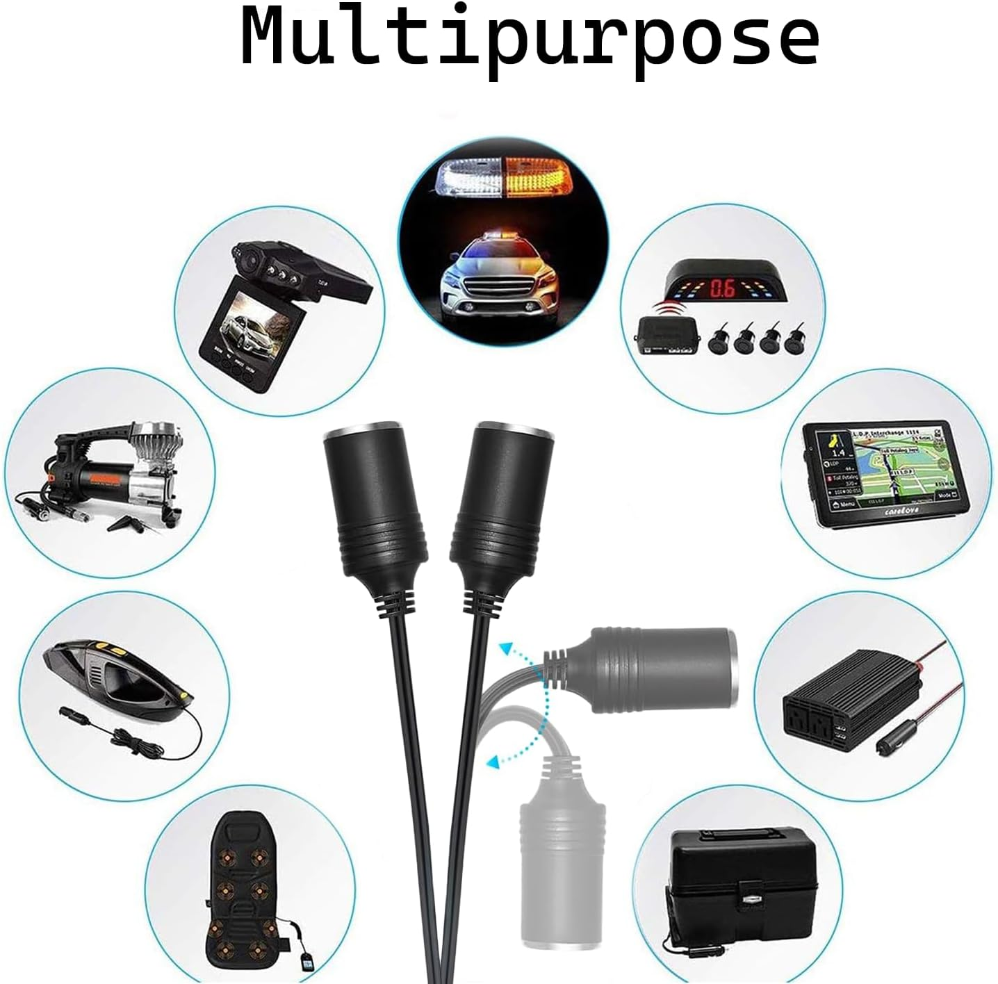 1 to 2 Car Cigarette Lighter Splitter Adapter, 12V to 24V Plug Socket Y Adapter with 15A Fuse, 9.84" Extension Cord and Dual Charger Ports for Simultaneous Charging in Cars Trucks Rvs image number 3