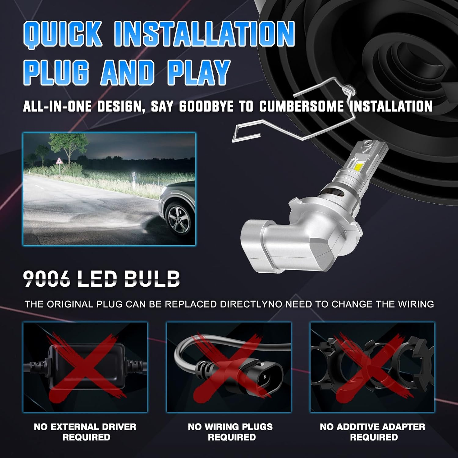 Kaidengzhe 9006 LED Headlight Bulb, Super Bright LED HB4 Bulb with Fan, 1:1 Mini Size 16000LM 6000K White 12V 9006 Front Fog Light Plug & Play Car Hi/Lo Beam Halogen Replacement, Pack of 2 image number 6