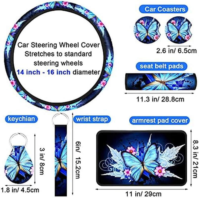 Frienda Butterfly Car Seat Covers for Women Butterfly Car Accessories Interior Seat Covers Rubber Steering Wheel Wrist Strap Armrest Seatbelt Cover Keychain(Bright Style) image number 2