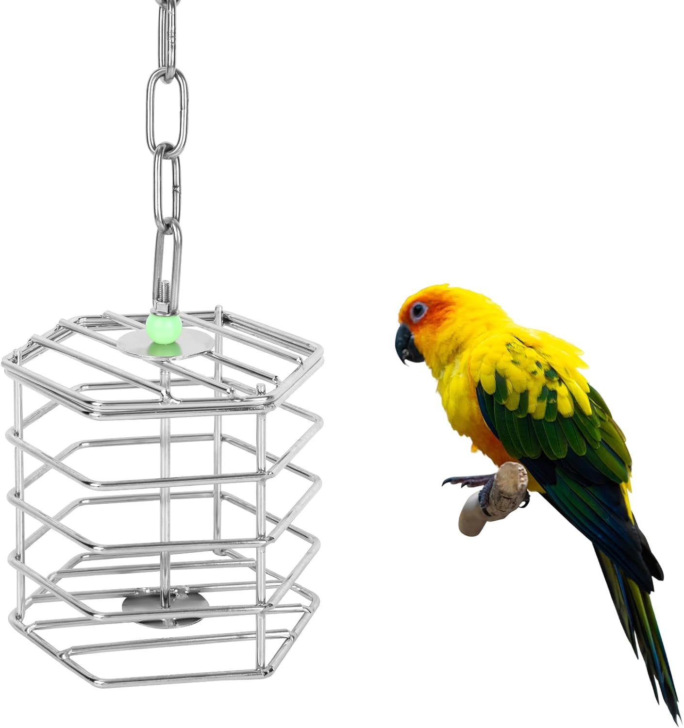 Stainless Steel Bird Feeder Cage with Chain & Bead, Hanging Bird Food Holder Intelligent Feeding Box Millet Treat Holder for Macaw Cockatoo Cockatiel Parrot image number 2
