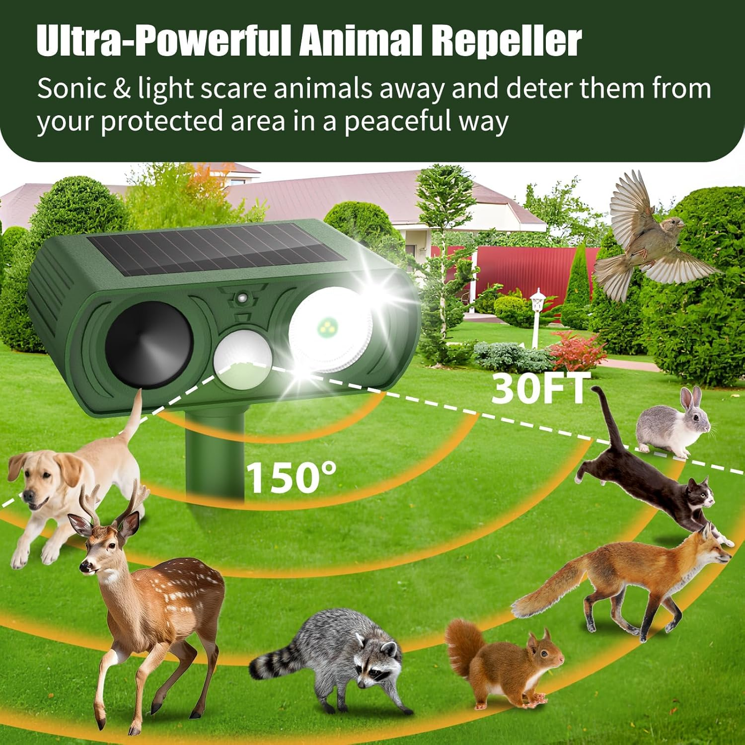Solar Ultrasonic Animal Repellent, Deer Repellent Devices with Motion Detection Waterproof, Cat Repeller Outdoor Squirrel Skunk Rabbit Dog Raccoon Bird Deterrents Animal Repeller for Yard, 1 Pack image number 5