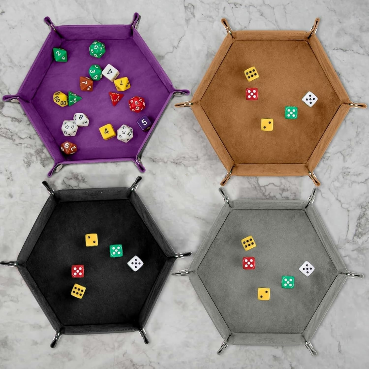 Hilleo DND Dice Tray 4Pcs Hexagon Portable Folding Dice Rolling Tray for Dungeons and Dragons MTG RPG Role Playing Table Games and Dice Games (Red Green Brown and Purple) image number 4