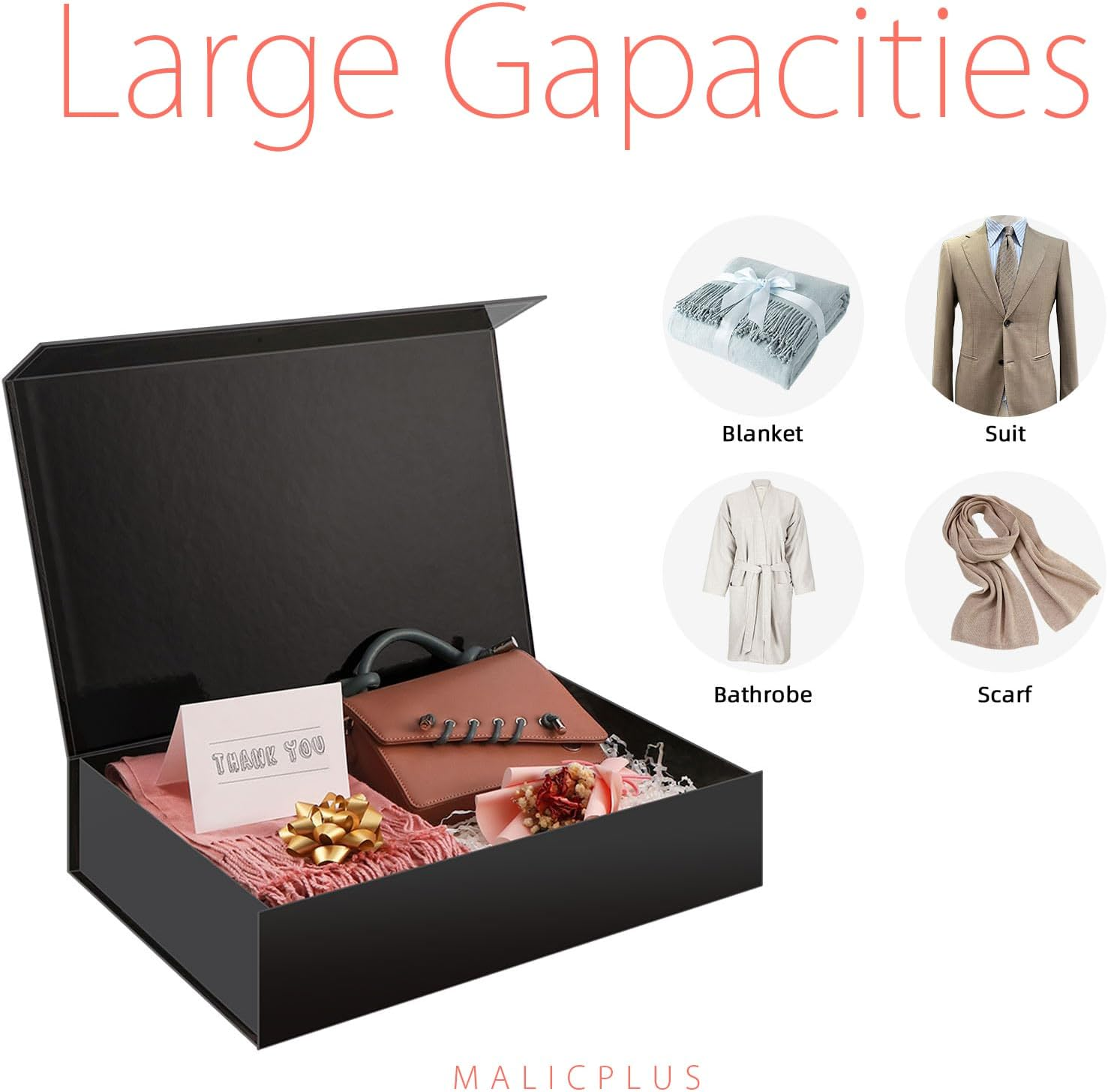 MALICPLUS Extra Large Gift Box 43.18 X 27.94 X 10.16 CM, Extra Large Gift Box with Lid, Shirt Box for Clothes and Large Gifts (Glossy Black, Grass Texture) image number 4