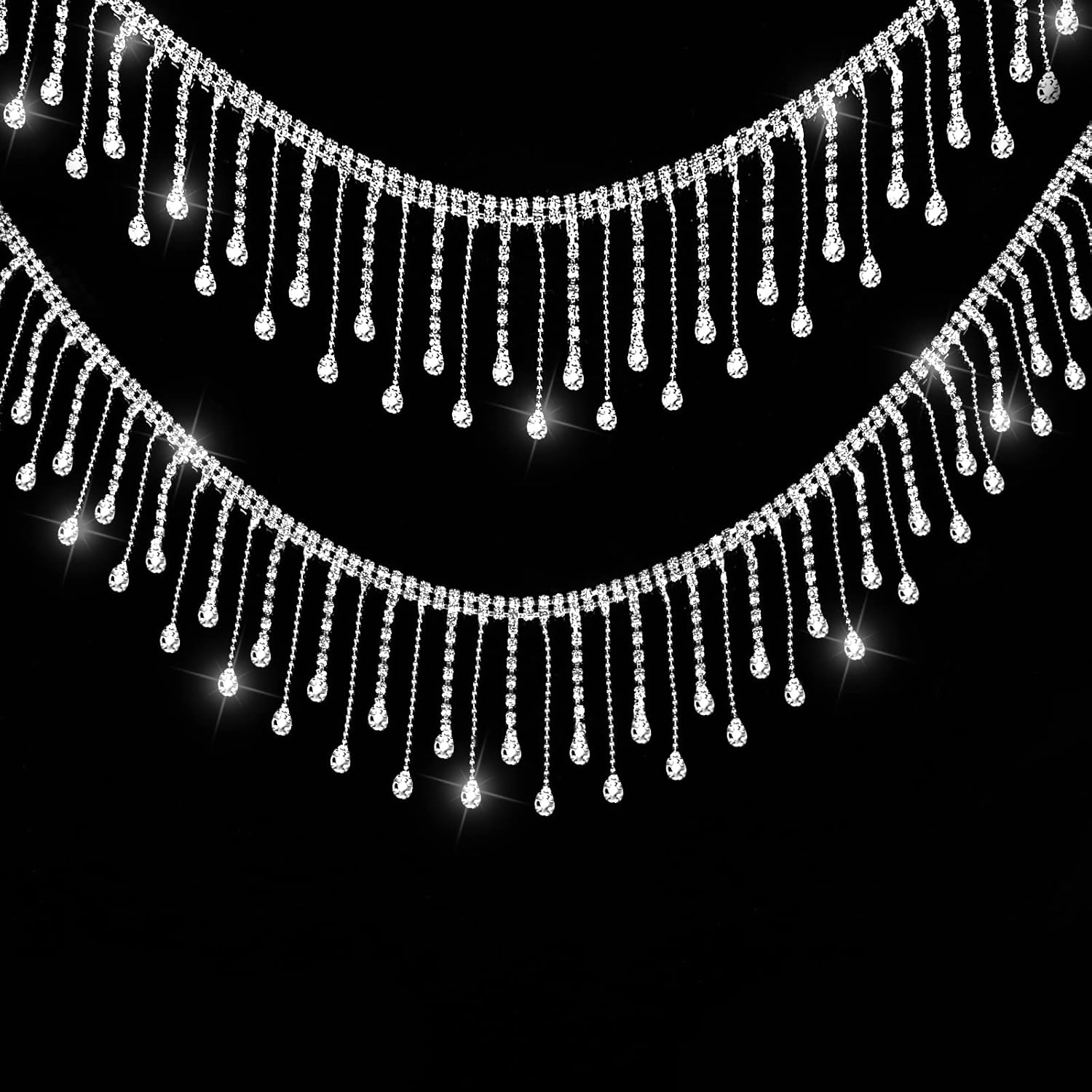 Savita 2 Yard Rhinestone Ribbon Tassel Chain, Glitter Rhinestone Fringe Trim with Drop Shaped Pendant Crystal Tassel Trim Diamond Fringe for Wedding Bridal Accessories DIY image number 1