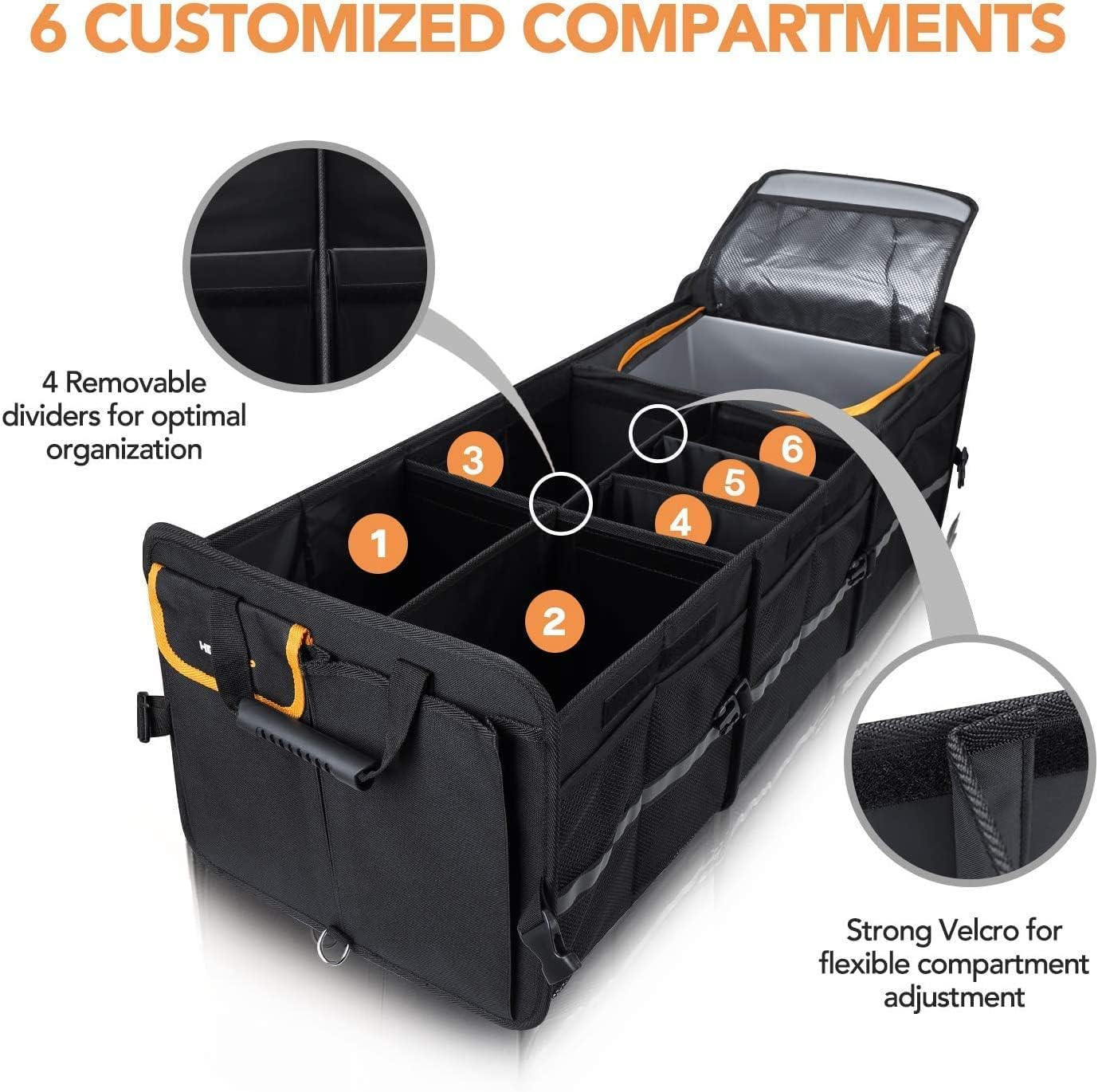 CULOTOL Large Trunk Organizer with Built-In Leakproof Cooler Bag,Car Organizers and Storage for SUV 4 Removable Dividers Collapsible Portable Non-Slip Bottom Tie down Strap,Car Accessories image number 5