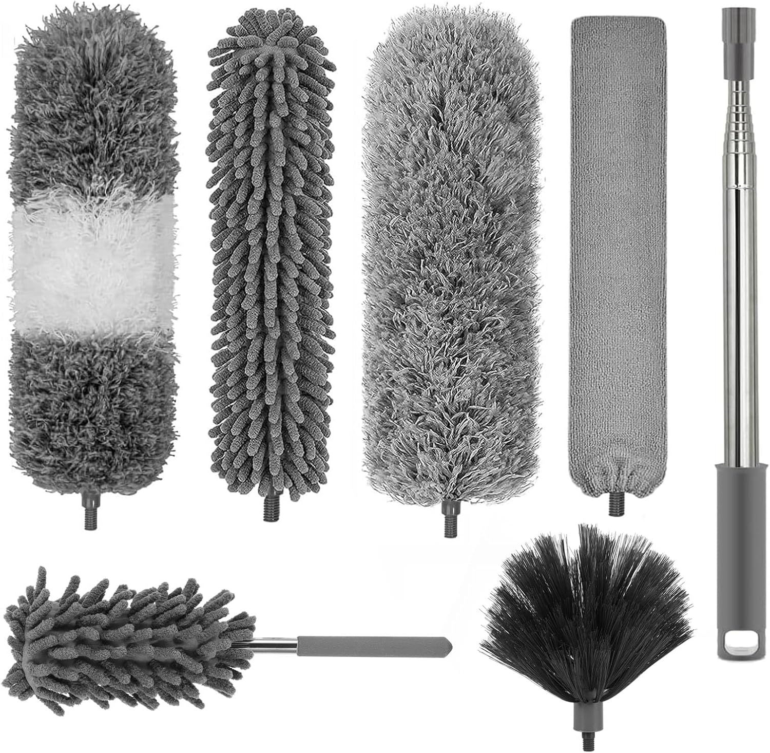 BTBHIHO Pack of 7 Telescopic Washable Duster, Microfibre Duster, Can Be Extended to 2.8 Metres, Spider Web Remover, Dust Brush, Dust Brush for Gaps Ceilings, Cobwebs, Grey image number 1