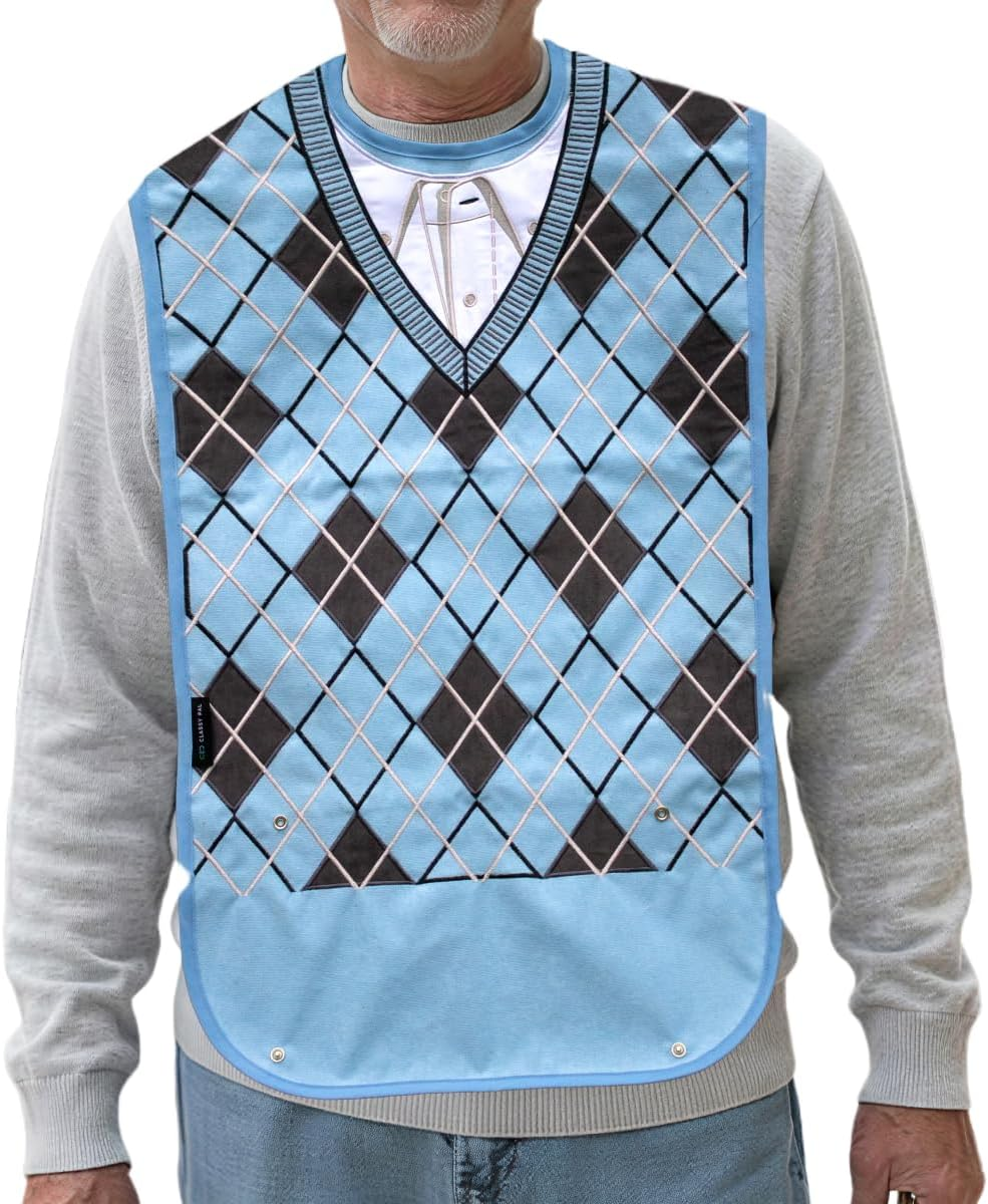 Adult Bib for Men with Embroidered Design. Waterproof, Reusable & Washable - Argyle Sweater image number 6