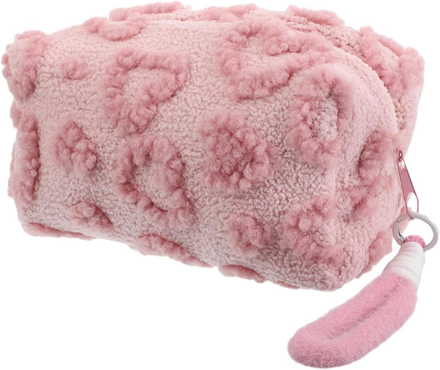 KASESSS Plush Makeup Bag, Heart Motif Make up Bag, Toiletry Bags, Large Cosmetic Bags with Handle, Portable Travel Puffy Flat Organizer with Zipper for Women Home Travel Office Cosmetic Storage, Pink image number 4