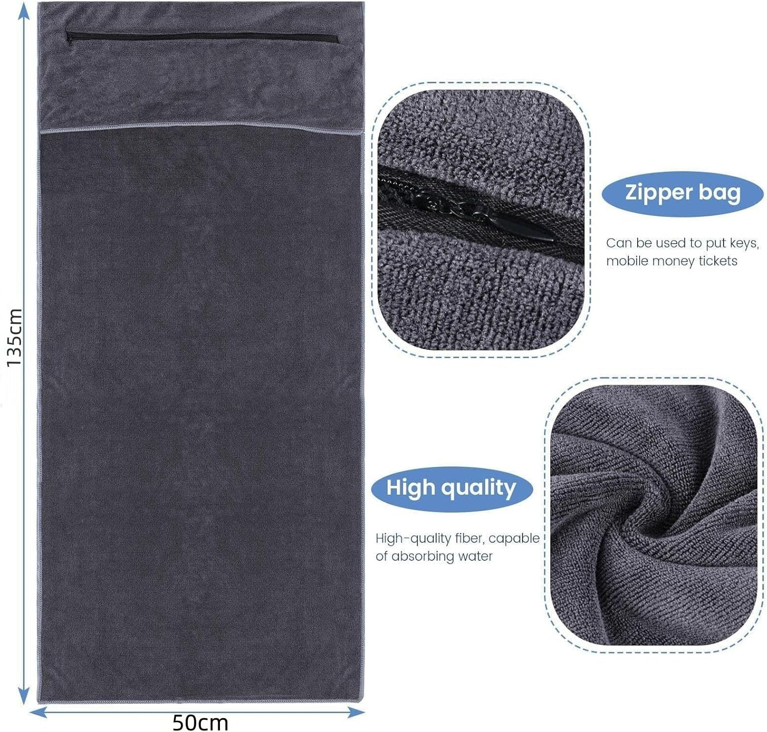 Fitness Towel, 135 X 50 Cm, Sports Towel, Suitable for Fitness Training and Sports, Microfibre, Absorbent and Soft Gym Towels, with Zip Pocket (1) image number 6