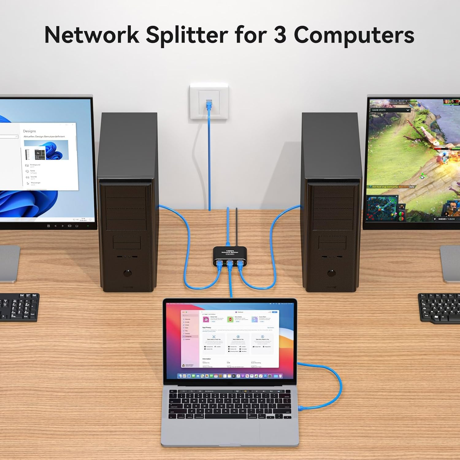 Ethernet Splitter 1 to 3 High Speed LAN Splitter 1000Mbps Gigabit RJ45 Ethernet Switch with USB C Power Cable for Cat5/5E/6/7/8 Cable(3 Devices Simultaneously Networking)