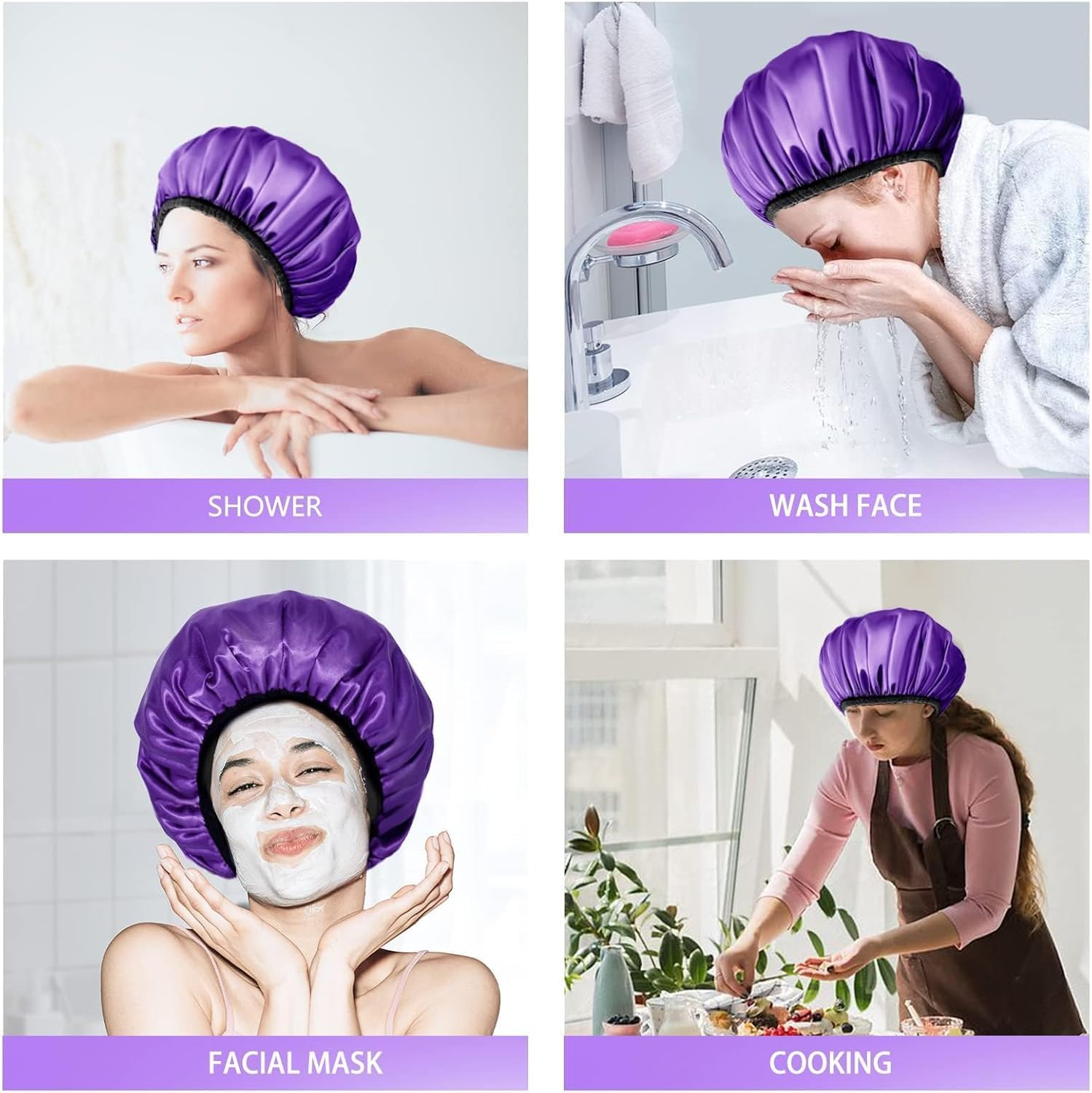 Shower Cap,Extra Large Triple Layer Bathing Cap with Dry Hair Function for Women Microfiber Cloth Waterproof Reusable Long Hair Bath Caps (Purple, One Size) image number 5