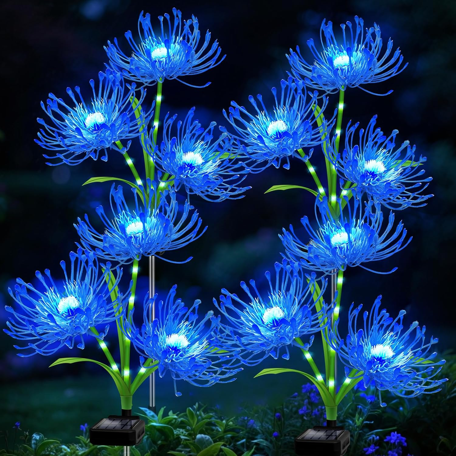 Solar Garden Flower Lights Outdoor,4 Pack 12-Head Blue Spider Lily Waterproof with Glowing Stems,Elegant Yard,Patio & Law Decor,Ideal Halloween & Gardening Gifts for Women,Mothers & Grandma