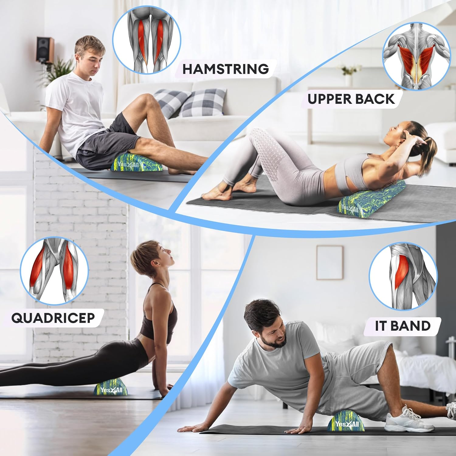 Yes4All Medium-Density EVA Foam Roller for Physical Therapy Half Yoga Back Roller for Muscle Massage, Back Pain Relief