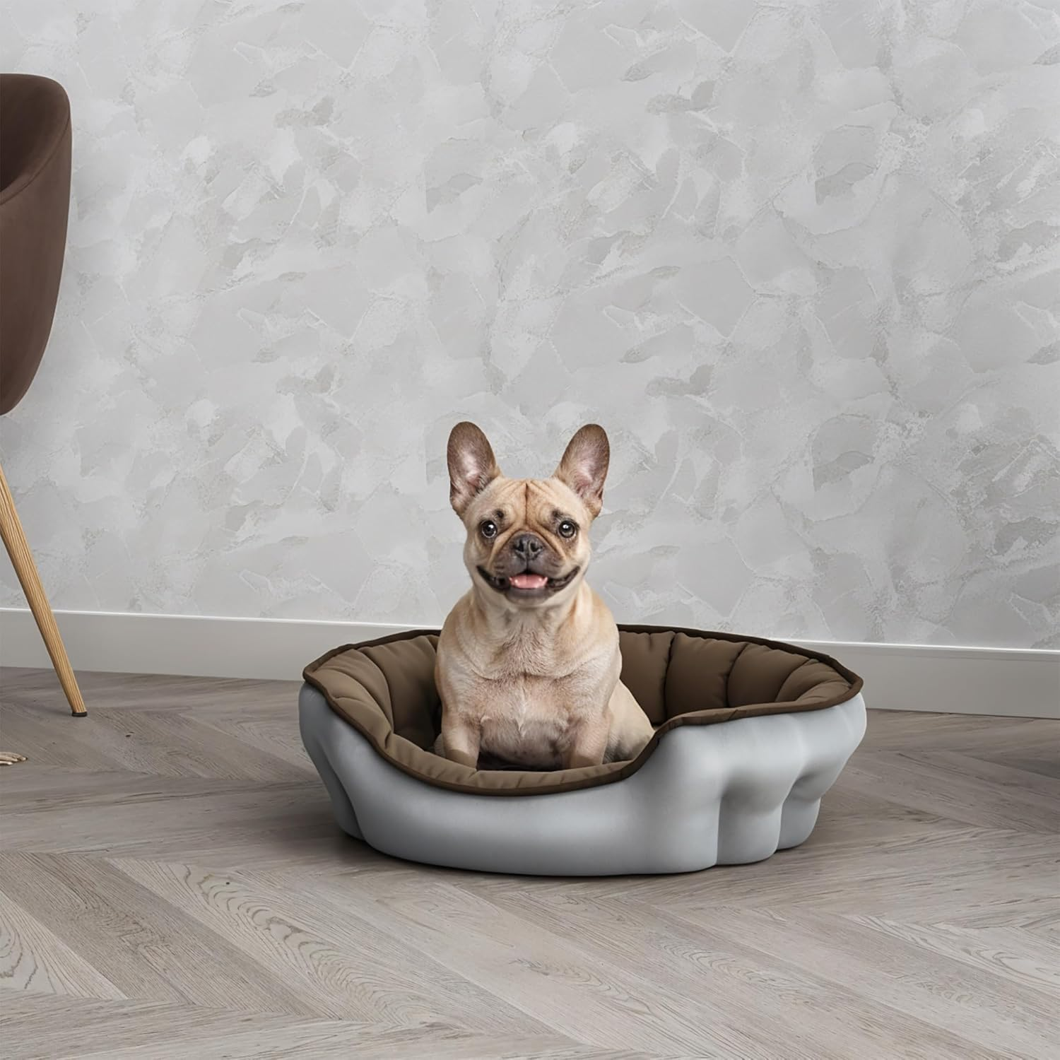 Enjoy Dog Bed & Cat Bed, 59 X 53 X 18 Cm, Soft Pet Bed with Padded, Quilted Cushion, Non-Slip Waterproof Base, Washable, Indoor Cuddly Bed for Pets, Light Grey/Taupe image number 3