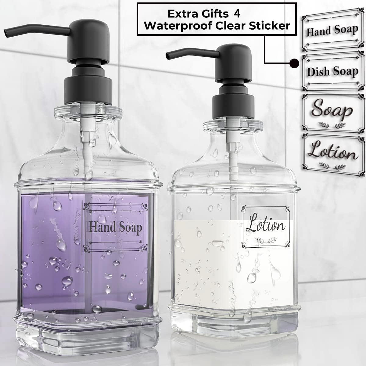 Soap Dispenser 2 Pack, 18 Oz Antique Design Thick Glass Hand Soap Dispensers with 304 Rust Proof Stainless Steel Pump 4 Clear Stickers for Bathroom Kitchen