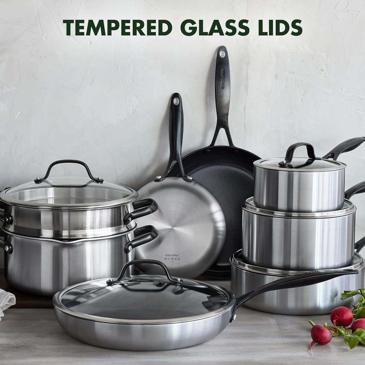 Greenpan Venice Pro Noir Tri-Ply Stainless Steel Healthy Ceramic Nonstick 13 Piece Cookware Pots and Pans Set, Matte Black Handle, Pfas-Free, Multi Clad, Induction, Dishwasher Safe, Oven Safe, Silver image number 4