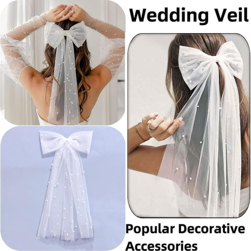 2Pcs Bridal Pearl Bow Veil, Large Hair Bow with Barrette Hair Clip,Wedding Short White Veil Barrette, Bride Accessories,Bridesmaid for Girls Women Wedding Party,Bachelorette Party,Decorations image number 5