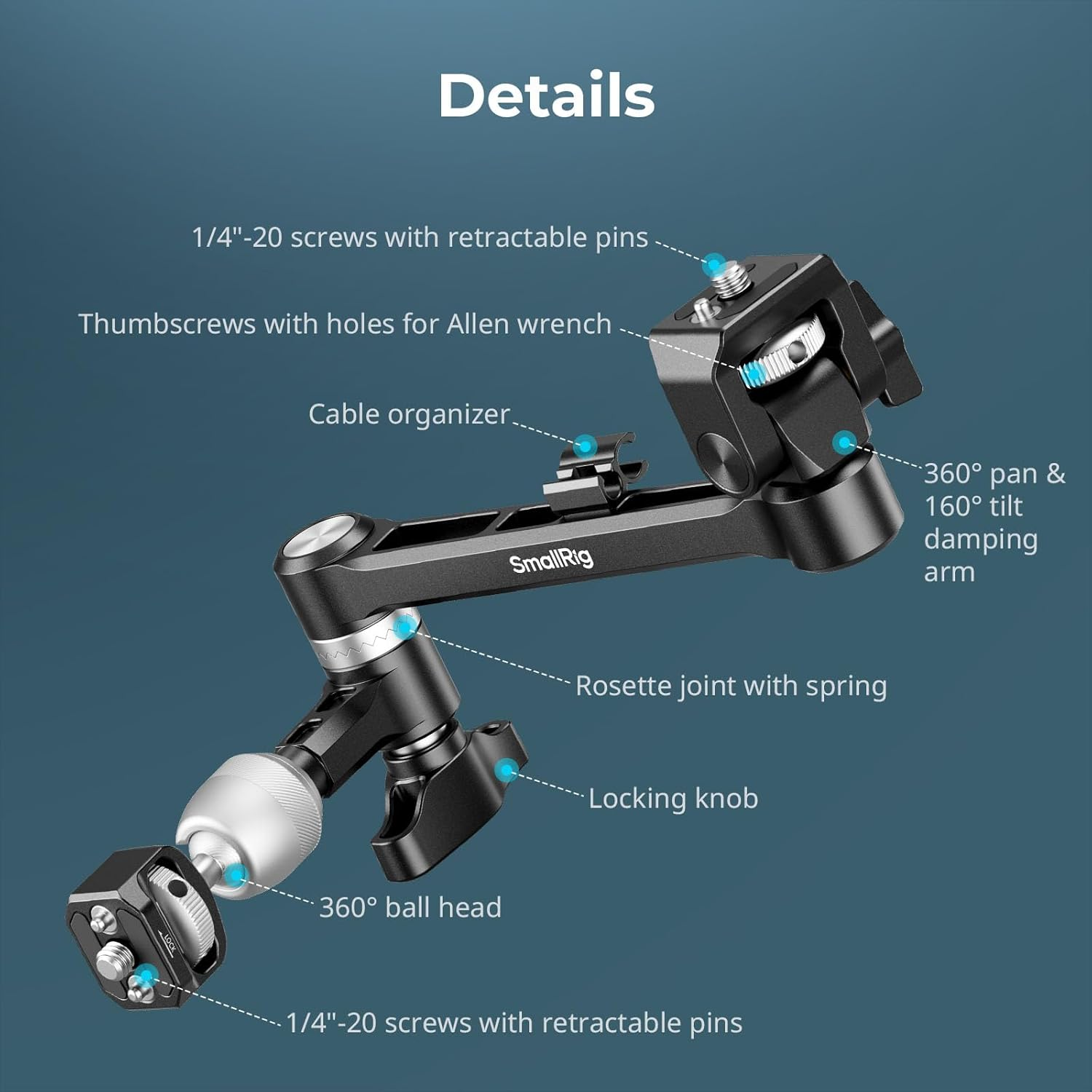 Smallrig Magic Arm with 360&deg; Ball Head & Damping Arm, Monitor Mounts Designed for Shoulder or Tripod Shooting, Built-In Cable Organizer, 2.0Kg (4.4Lb) Load, 145Mm (5.7") Length 5141 image number 5