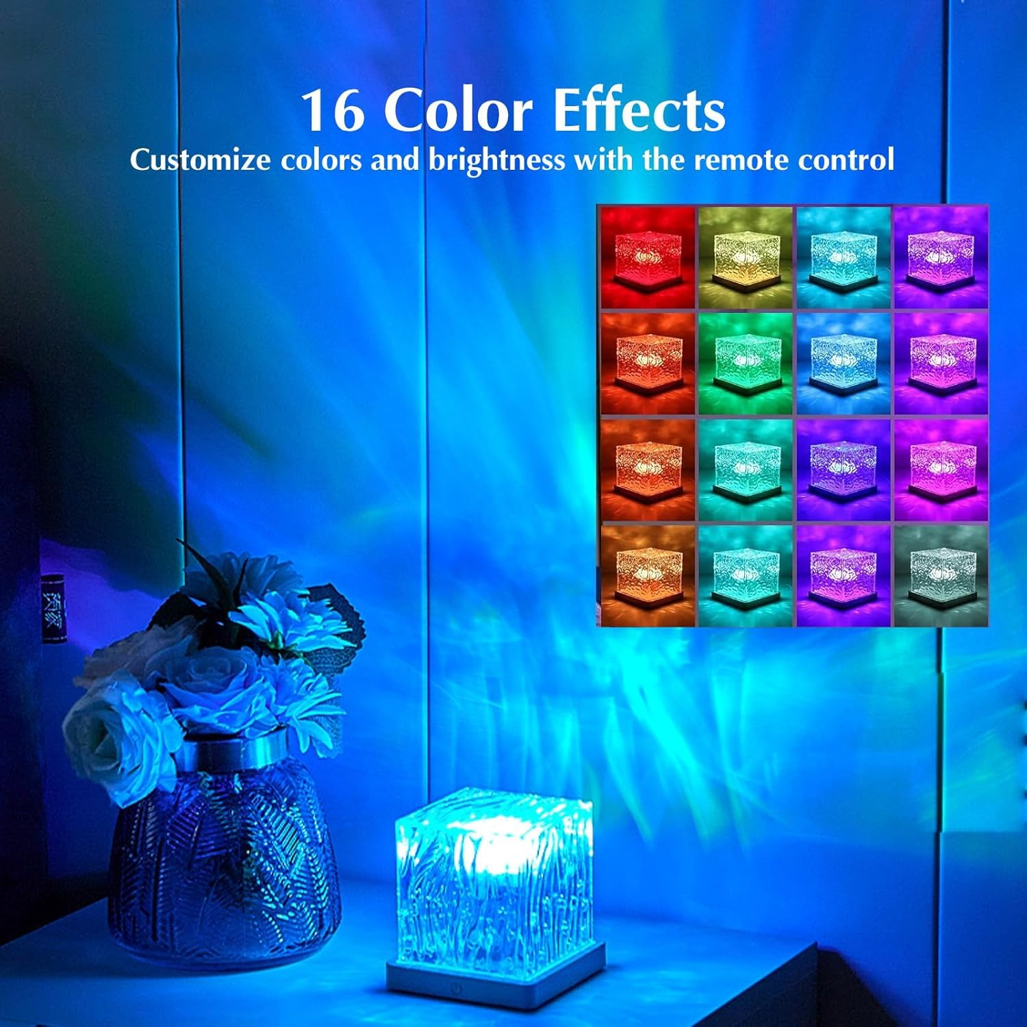 Northern Lights Lamp, Cube Ocean Water Ripple Projector, 16 Colors Rotating Flame Lamp Dynamic Ripple Effect for Bedroom, Office, Bar, and Restaurant Decor (Square) image number 3