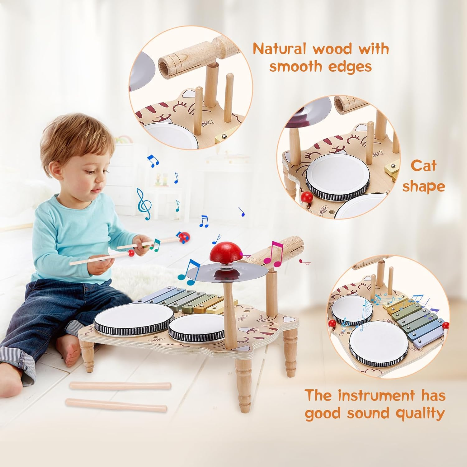 Wooden Drum Set for Toddlers, Baby Musical Instrument Set Kids Toys, Natural Wooden Montessori Toys Xylophone Music Kit Baby Sensory Toys Months Birthday Gifts for Girls Boys image number 6