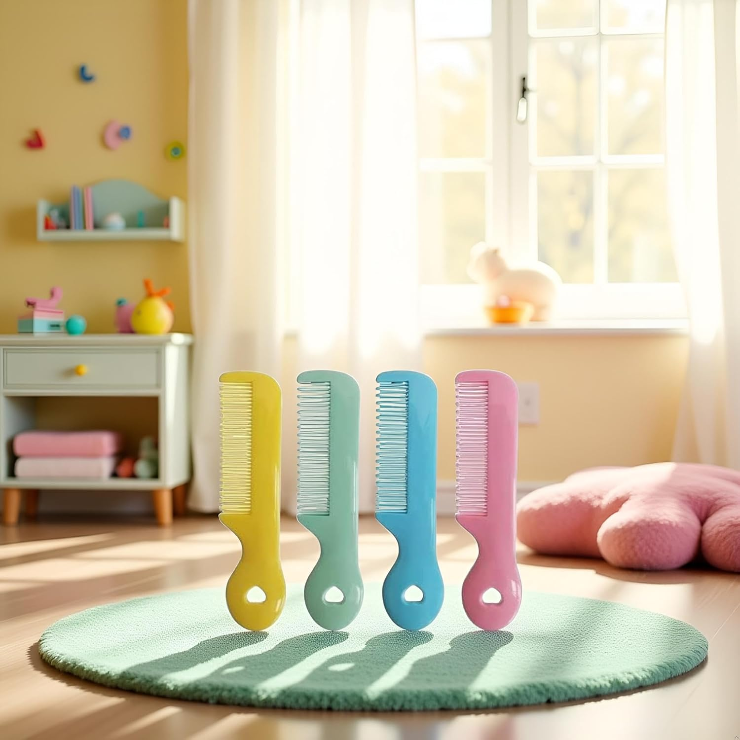 4Pcs Colorful Tip Bristles Baby Cute Comb Baby Grooming for Sensitive Scalp Skin, for Nursery Newborn Infant Girl Boy Kids Comb Baby Grooming (Round) image number 6