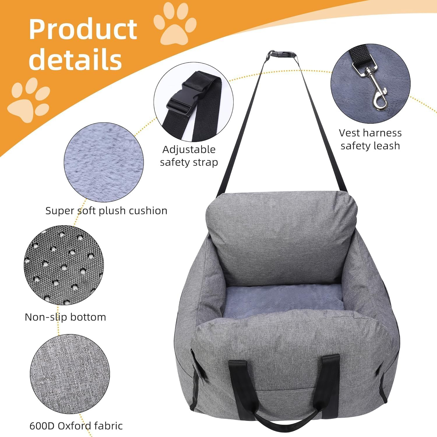 Small Dog Booster Car Seat, Portable Pet Safety Seat with Storage Pockets, Thickened Memory Foam Filling, Detachable and Washable Pet Puppy Travel Bed, Gray image number 4