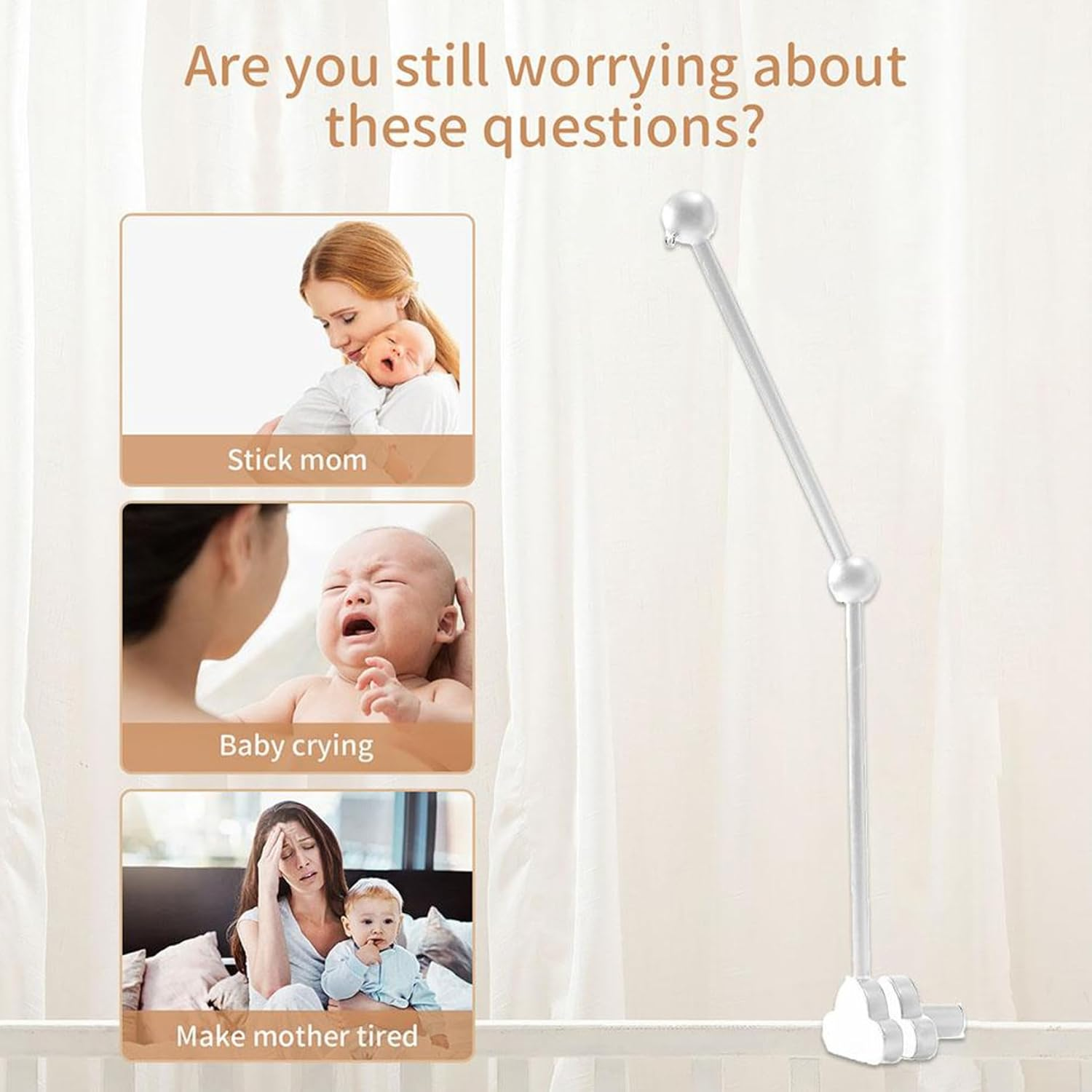 Baby Cot Mobile Arm Baby Crib Mobile Arm Wooden Cloud Design Detachable Adjustable Holder Cute Cot Bed Bell Wind Chimes Hanger Bracket image number 4