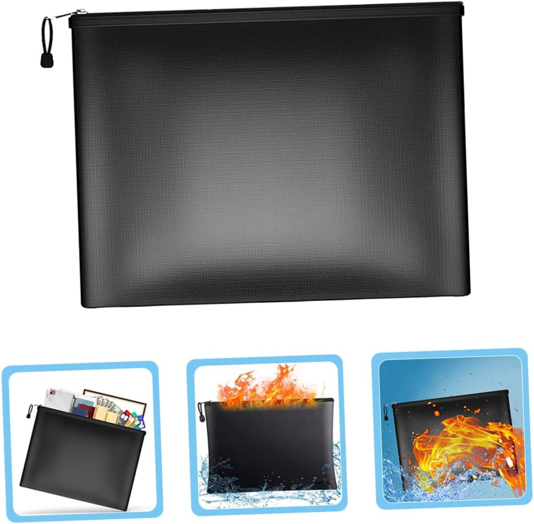 WOONEKY Fireproof Money Bag with Zipper Medium Black Document Holder for Travel and Home Use Secure Storage for Cash Passports Certificates and Valuables Fire-Resistant Document Case image number 1