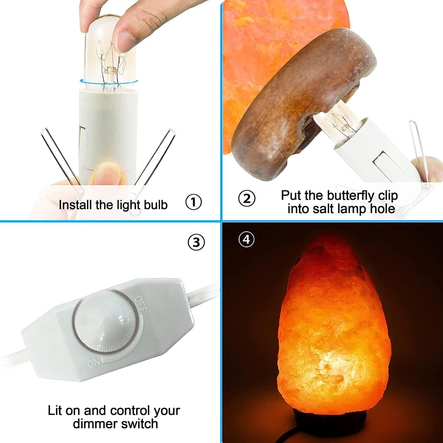2 Pcs Salt Lamp Cord with 4 Free E14 Bulbs Set, Original Replacement Cord with On/Off Switch Dimmer Button Metal Clip Base, for Himalayan Crystal Salt Rock Lamp - 1.8M Cable 240V SAA Standard image number 4