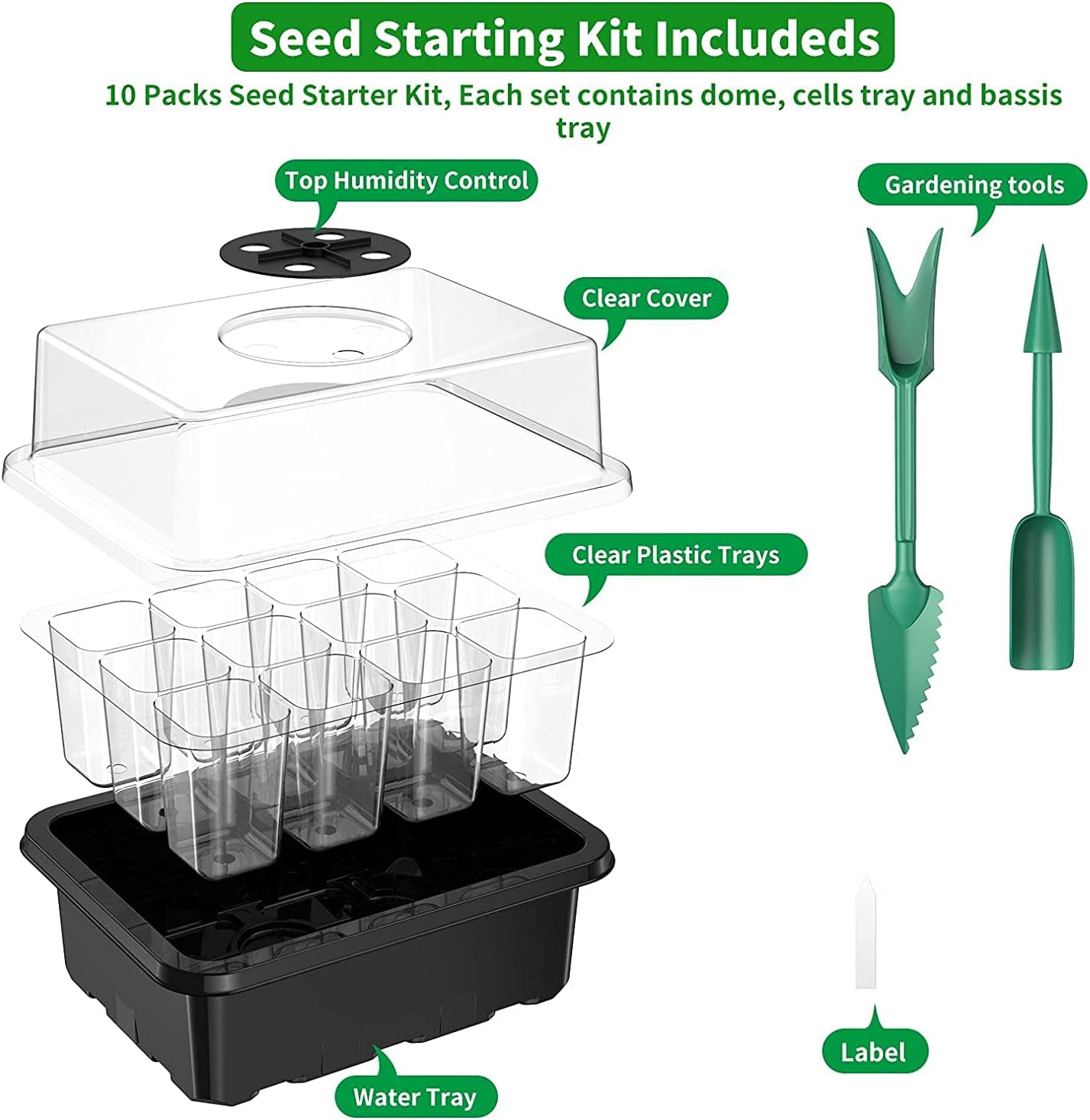 Seed Starter Tray Kit 10 Pack Seed Starting with Humidity Adjustable Dome and Base Vented Trays for Greenhouse & Gardens 120 Cells Growing Trays Mini Propagator Suitable for Seedling image number 2