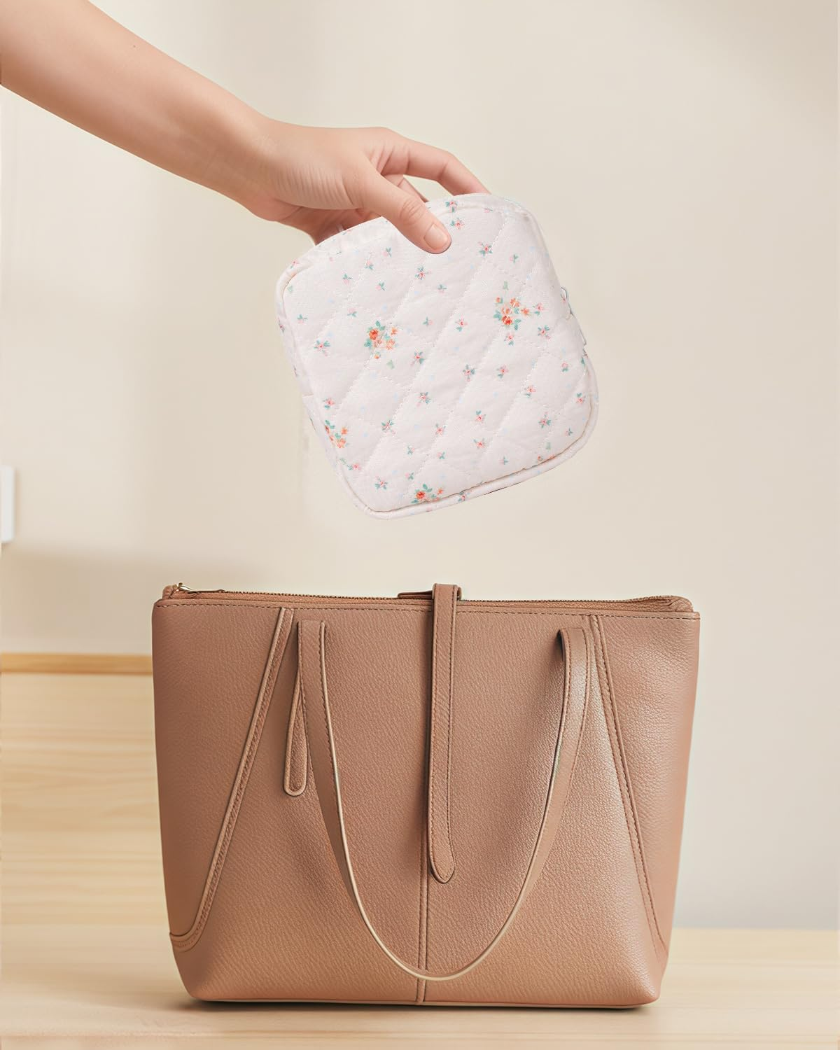 DDPOND Floral Makeup Bag, Small Cosmetic Bag for Women Girls, Cute Cotton Quilted Bag, Pink Floral - Brown Floral image number 4