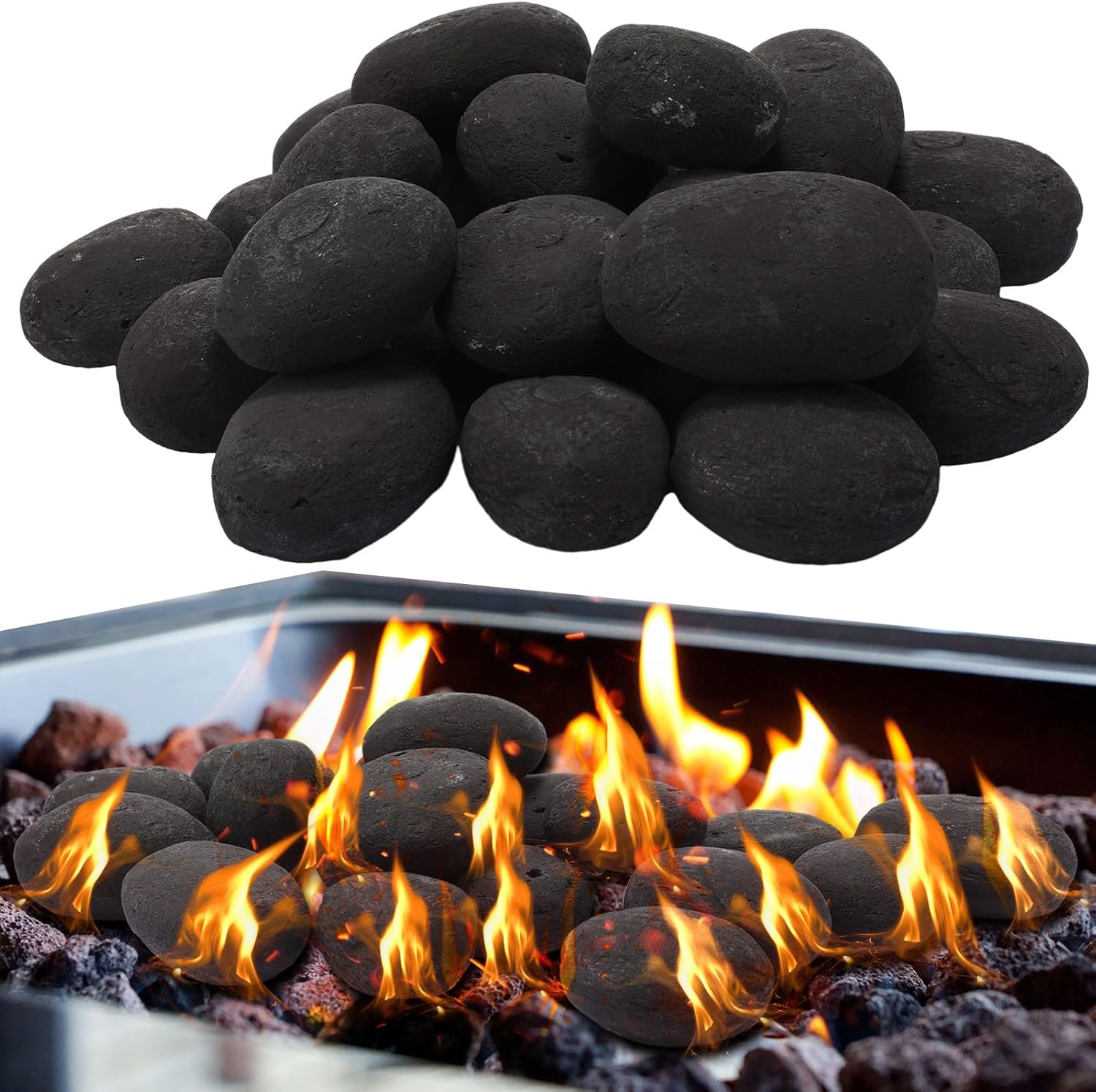 Suzile 48 Pcs Lava Rocks for Fire Pit, 2"-3" Lava Stones Firepit Rocks Lightweight Ceramic Fiber Pebble Stones for Indoor Outdoor Gas Fire Pit and Fireplace(Black)