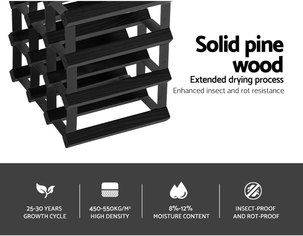 Artiss 4 Tier 12 Bottle Wine Rack, Wooden Timber Wines Bottles Storage Racks Holder Freestanding Display Organiser for Kitchen Cellar Bar, Stackable Modular Pine Wood 32 X 32 X 23.5Cm Black image number 3