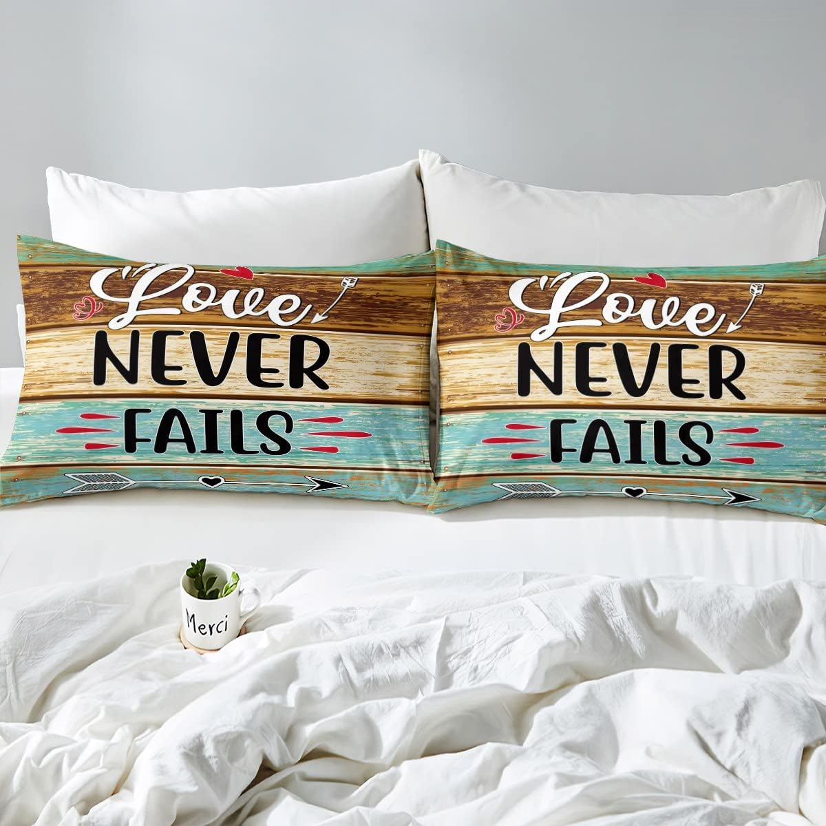 Manfei Rustic Farmhouse Bedding Set S Size Vintage Christian Bible Verses Duvet Cover for Kids Boys Girls Women Cyan Brown Cabin Wood Comforter Cover Love Theme Quote Quilt Cover image number 3