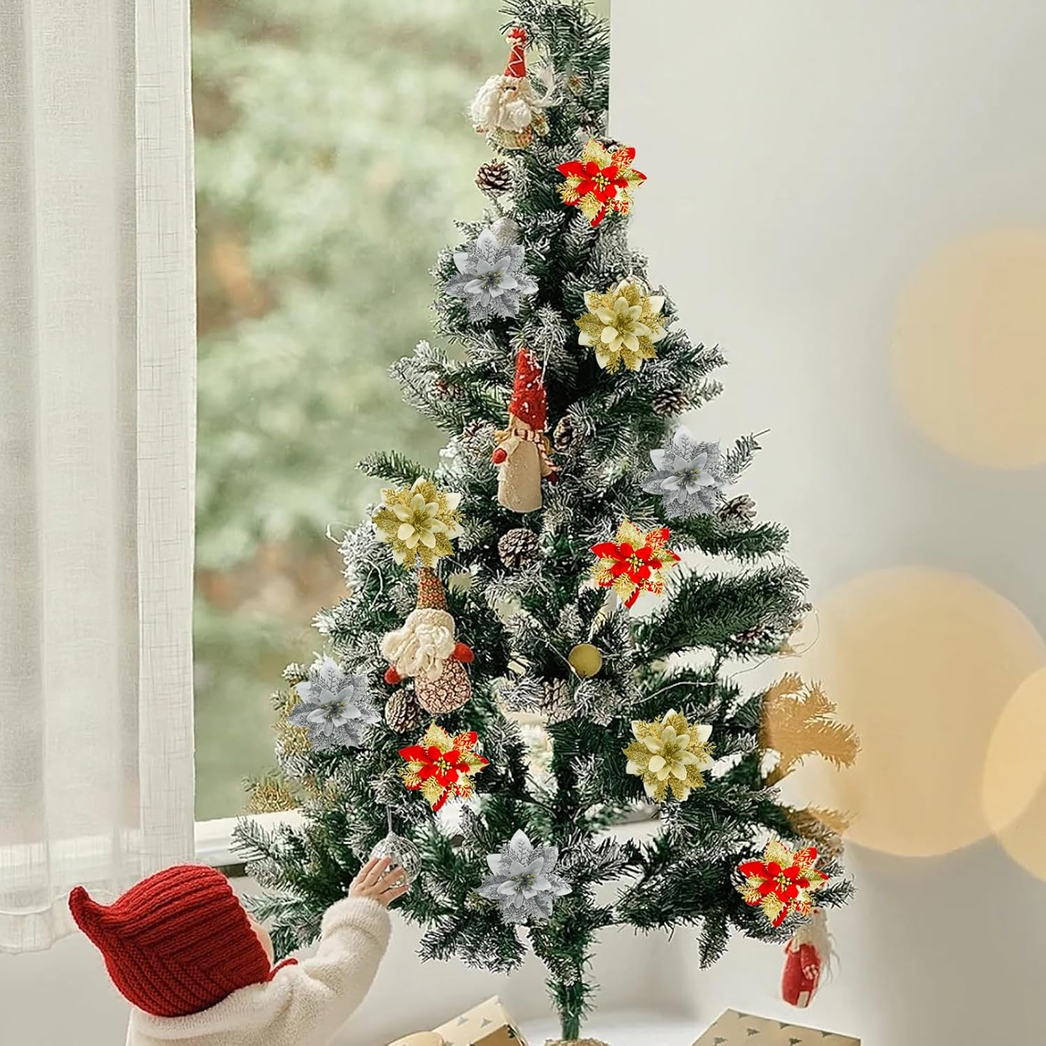 24PCS Glitter Poinsettia 5.1" Artificial Christmas Flowers with Clips Stems Fake Flowers for DIY Wreath Garland Xmas Tree New Year Wedding Party Ornament (Mix Color) image number 1