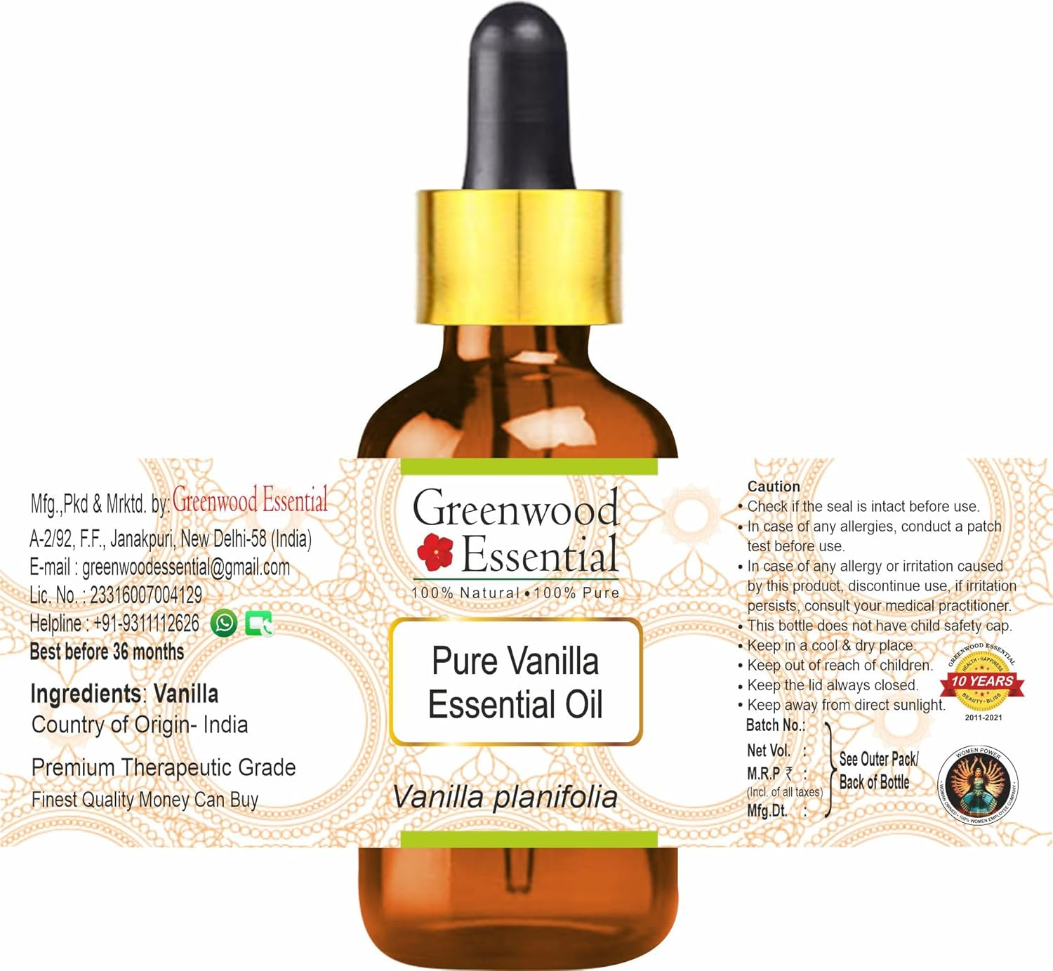 Greenwood Essential Pure Vanilla Essential Oil (Vanilla Planifolia) with Glass Dropper Steam Distilled for Personal Care 50Ml (1.69Oz) image number 2