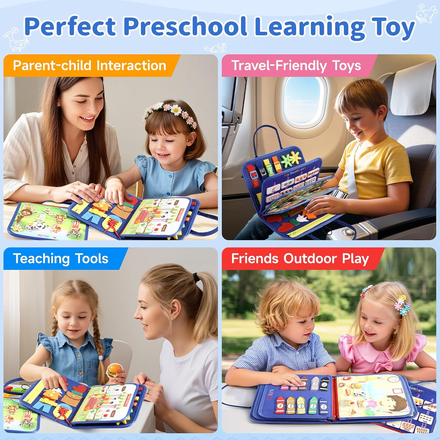 MINIBEAR Busy Board Montessori Toys for Toddlers, Kids Busy Book Toddler Sensory Toy, Preschool Educational Activities with Zipper Removable for 3 4 5 Years Girls Boys, Plane Car Travel Toys for Baby