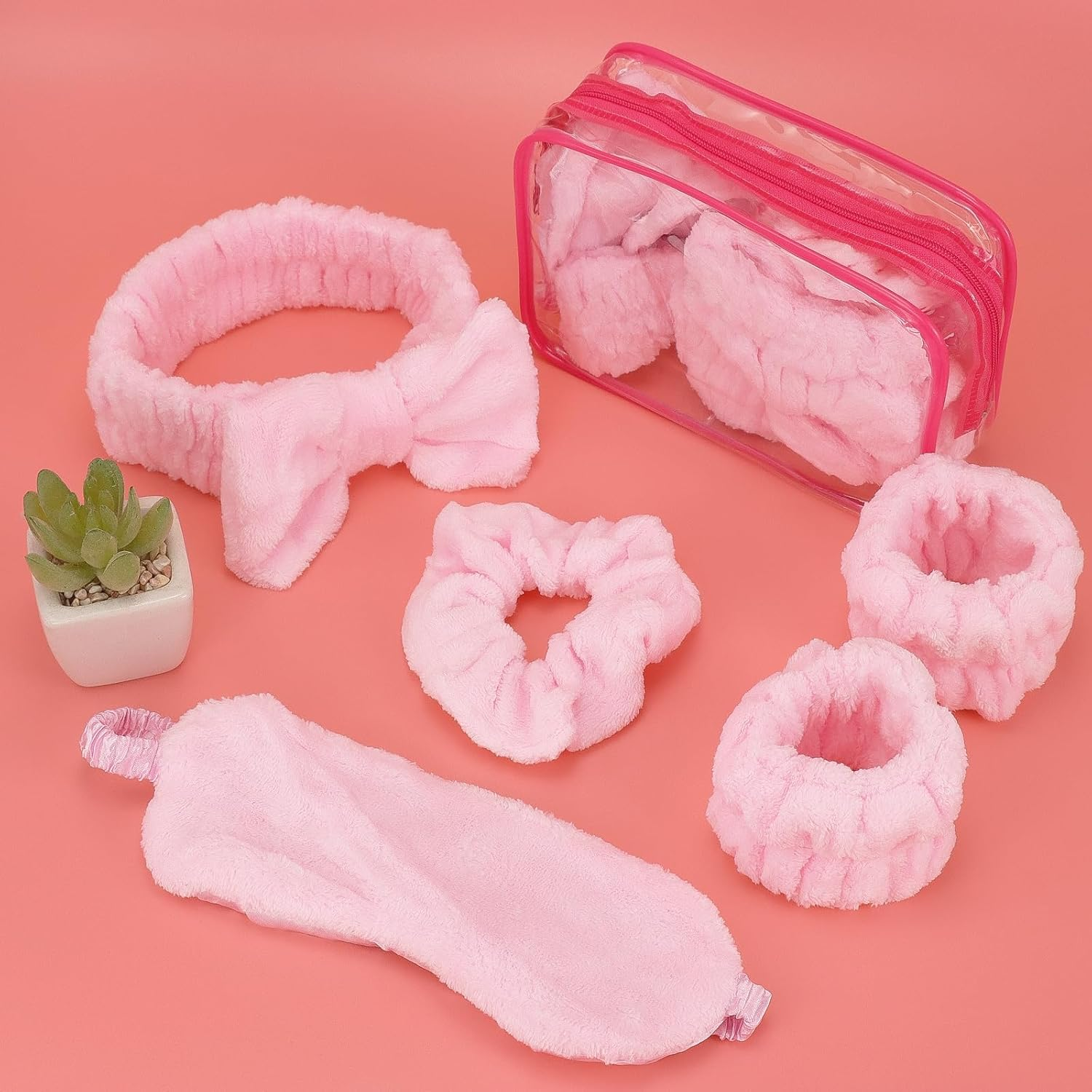 72 Pieces Spa Party Set 12 Pink Bow Headbands, 12 Eye Masks, 24 Plush Wrist Bands, 12 Hair Elastics, 12 Cosmetic Bags for Women Sleepover, Hen Party, Bridesmaid Gift image number 4