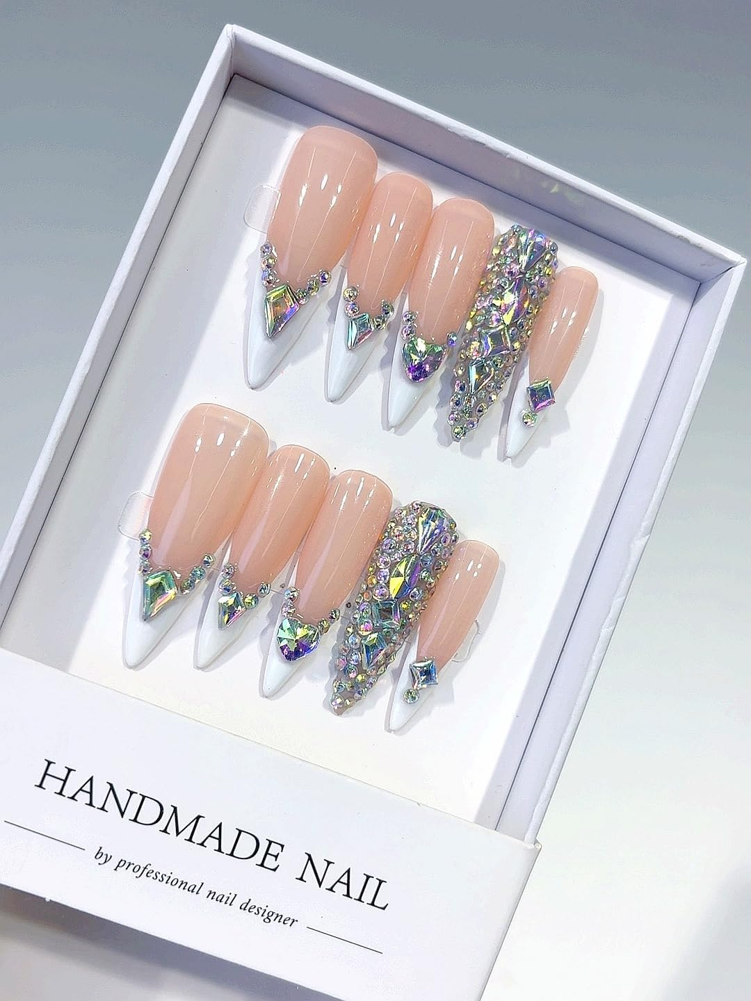 Press-On Nails Set, Nude Pink with Iridescent Crystal Rhinestones, Long Coffin Shape, Professional Manicure Art Tips (L155, Medium) image number 1