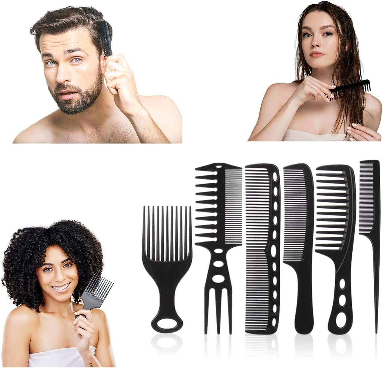 6 Elite HAIR COMB Set -Detangling COMB, TEASING Comb, Afro COMB, Fine Tooth, Wide Tooth COMB Afro 3A to 4C, Straight, Curly, Frizzy or Kinky Hair, Wet or Dry (6PC Styling Set) image number 4