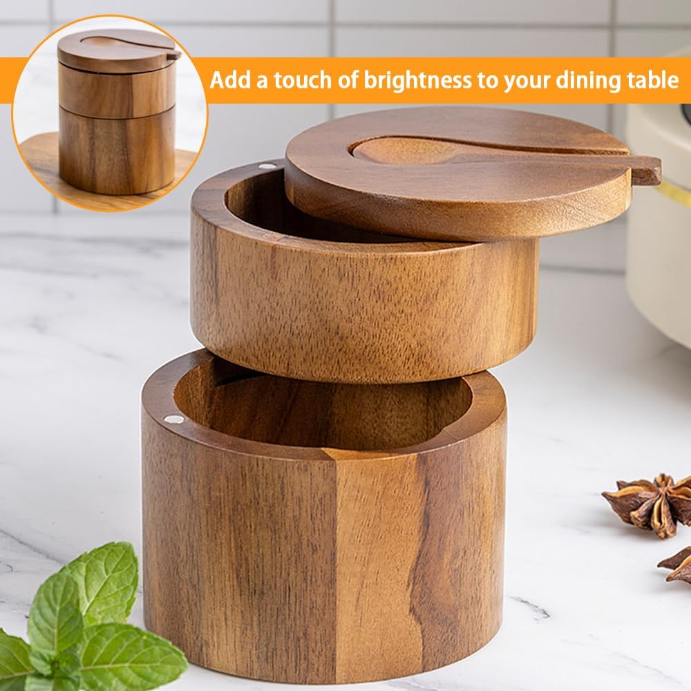Wooden Salt Cellar,Salt Cellar with Spoon and Magnetic Swivel Lid,Kitchen Seasoning Bottle,Salt Box Storage Seasoning Jar,Salt Container Holder,For Seasoning Storage image number 2