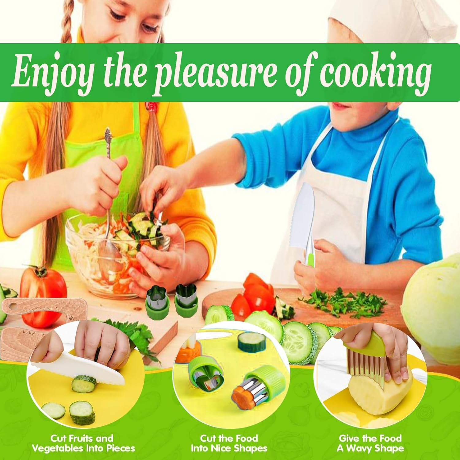 Kids Knife Set,28Pcs Toddler Knife Set,Kids Knife Set for Real Cooking with Gloves,Crinkle Cutter,Fruit Cutter,Dough Cutters,Kids Cutting Board and Wooden Safe Knives for Cooking Fun and Present image number 1