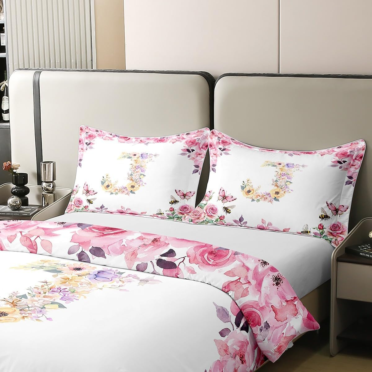 Initial A-Z 100% Cotton Duvet Cover, 135 X 200 Cm Initial Letter J Bed Linen Set for Boys Girls, Floral Monogram Bed Set, Romantic Rose Alphabet Duvet Cover with 1 Pillowcase for Bedroom image number 1