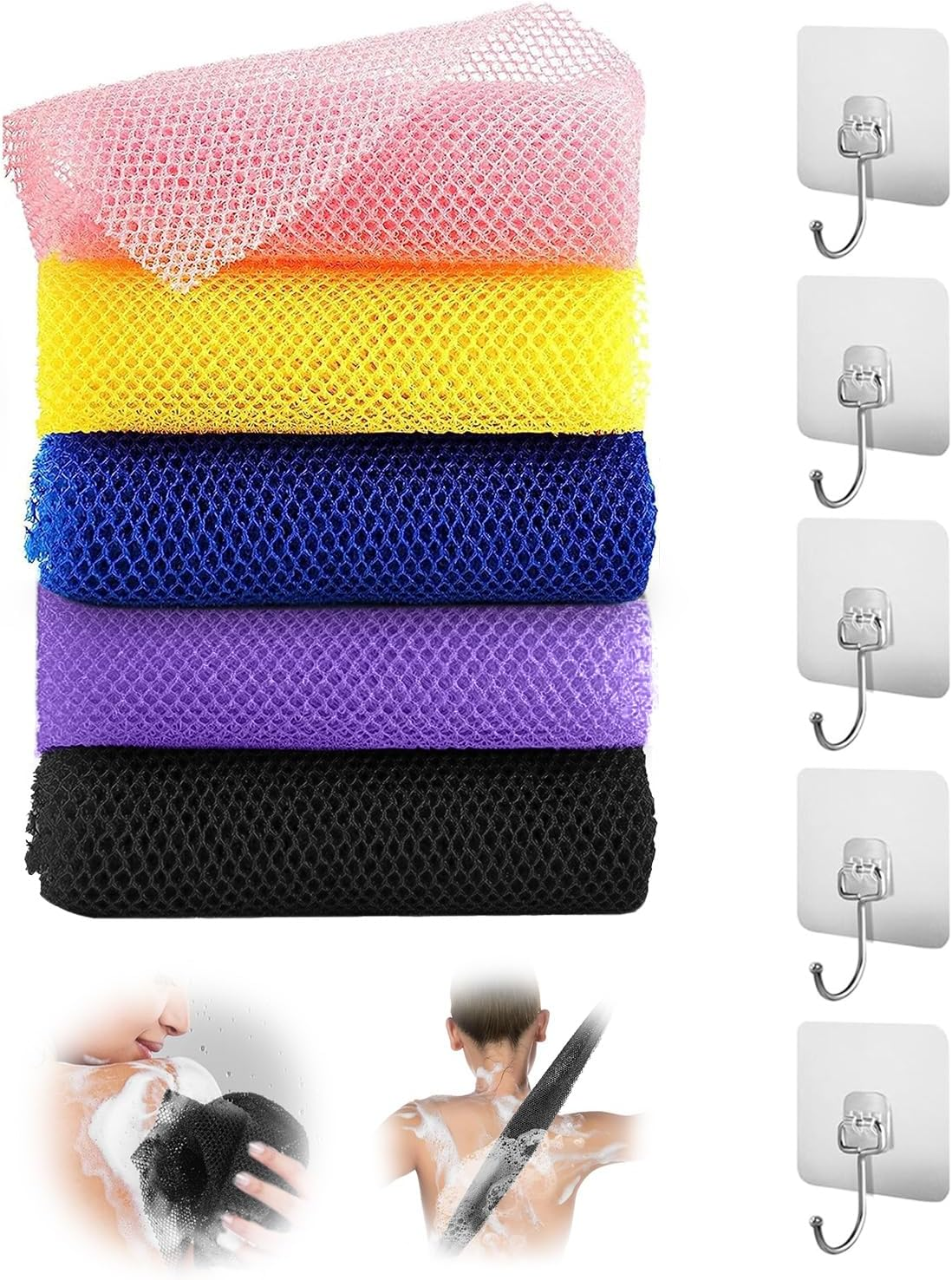 Proxima Direct 5 Pack 80 X 30CM African Net Sponge with 5 Hooks African Wash Net African Exfoliating Net Bath Scrubbing Long Net Rag Shower Body Scrubber for Daily Bathing image number 1